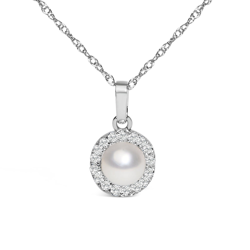 Bids.com 10K White Gold 5MM Cultured Pearl and Diamond Accent Halo Pendant Necklace Necklaces