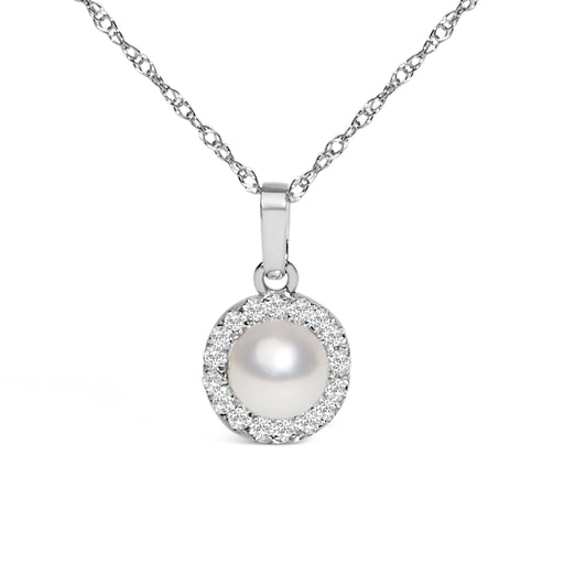 Bids.com 10K White Gold 5MM Cultured Pearl and Diamond Accent Halo Pendant Necklace Necklaces