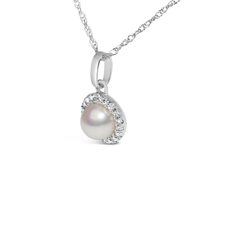 Bids.com 10K White Gold 5MM Cultured Pearl and Diamond Accent Halo Pendant Necklace Necklaces