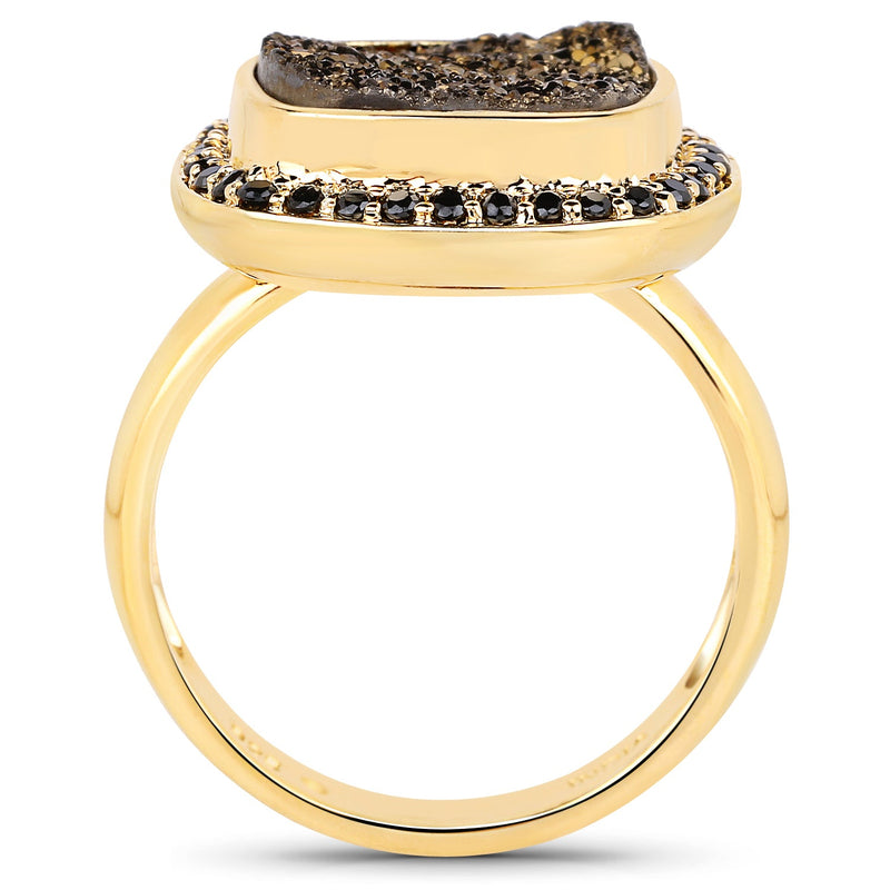 Bids.com 14K Yellow Gold Plated 6.19 Carat Genuine Drusy Quartz and Black Spinel .925 Sterling Silver Ring Rings