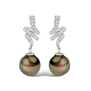 Bids.com 14K White Gold 9MM Cultured Black Pearl and Diamond Accent Drop and Dangle Earrings (I-J Color, SI1-SI2 Clarity) Earrings
