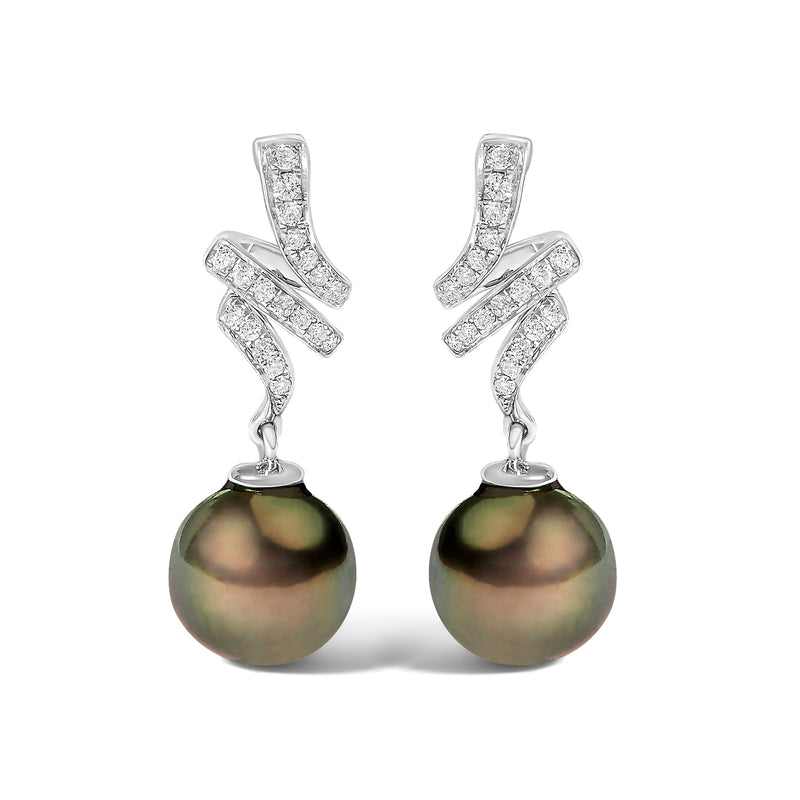Bids.com 14K White Gold 9MM Cultured Black Pearl and Diamond Accent Drop and Dangle Earrings (I-J Color, SI1-SI2 Clarity) Earrings
