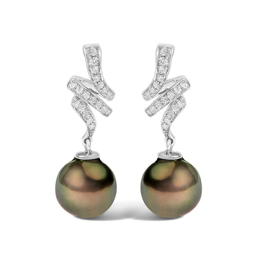 Bids.com 14K White Gold 9MM Cultured Black Pearl and Diamond Accent Drop and Dangle Earrings (I-J Color, SI1-SI2 Clarity) Earrings