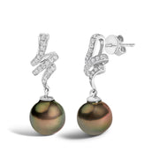 Bids.com 14K White Gold 9MM Cultured Black Pearl and Diamond Accent Drop and Dangle Earrings (I-J Color, SI1-SI2 Clarity) Earrings