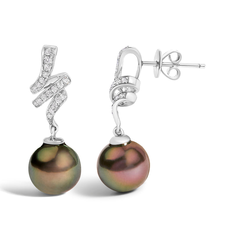 Bids.com 14K White Gold 9MM Cultured Black Pearl and Diamond Accent Drop and Dangle Earrings (I-J Color, SI1-SI2 Clarity) Earrings