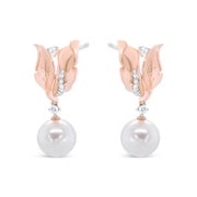 Bids.com 14K Rose Gold 1/6 Cttw Round Diamond and 8mm Round Pearl Floral Drop Stud Earrings (H-I Color, I1-I2 Clarity) Earrings