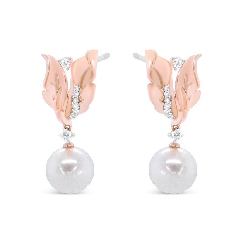 Bids.com 14K Rose Gold 1/6 Cttw Round Diamond and 8mm Round Pearl Floral Drop Stud Earrings (H-I Color, I1-I2 Clarity) Earrings