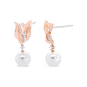 Bids.com 14K Rose Gold 1/6 Cttw Round Diamond and 8mm Round Pearl Floral Drop Stud Earrings (H-I Color, I1-I2 Clarity) Earrings