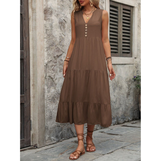 Decorative Button Notched Sleeveless Dress