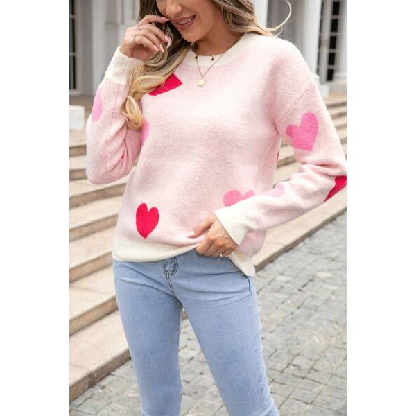 Heart Round Neck Droppped Shoulder Sweater