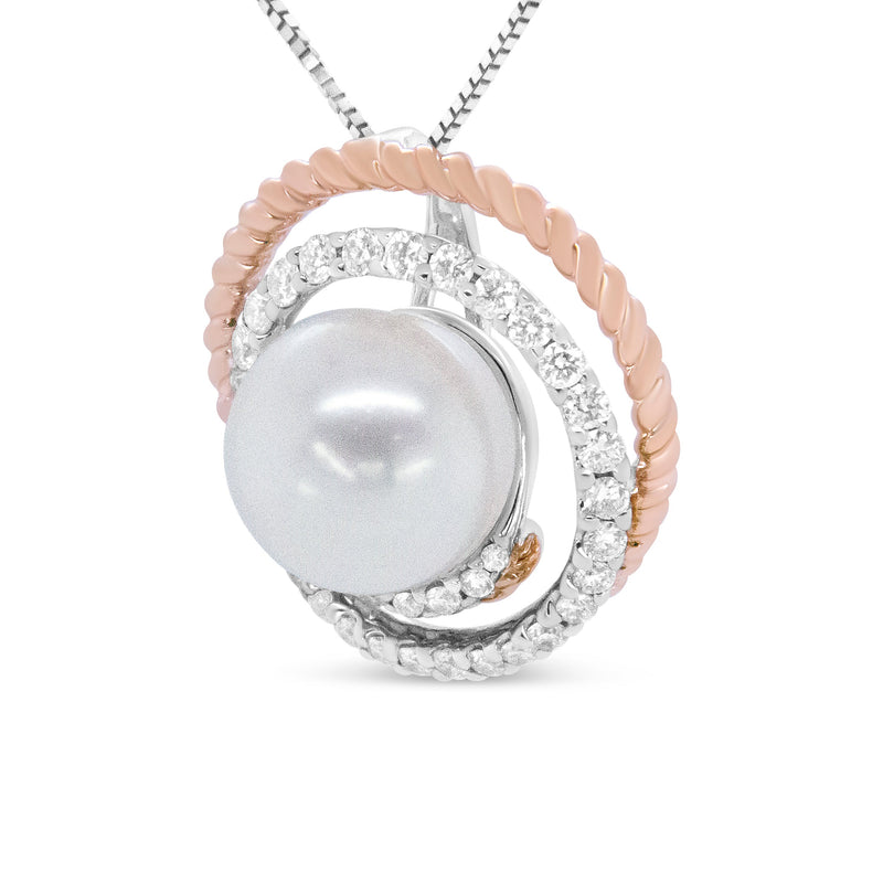 Bids.com 14K Rose and White Gold 3/8 Cttw Pave Diamond and 9mm Round Pearl Spiral Openwork 18" Pendant Necklace- (H-I Color, VS1-VS2 Clarity) Necklaces