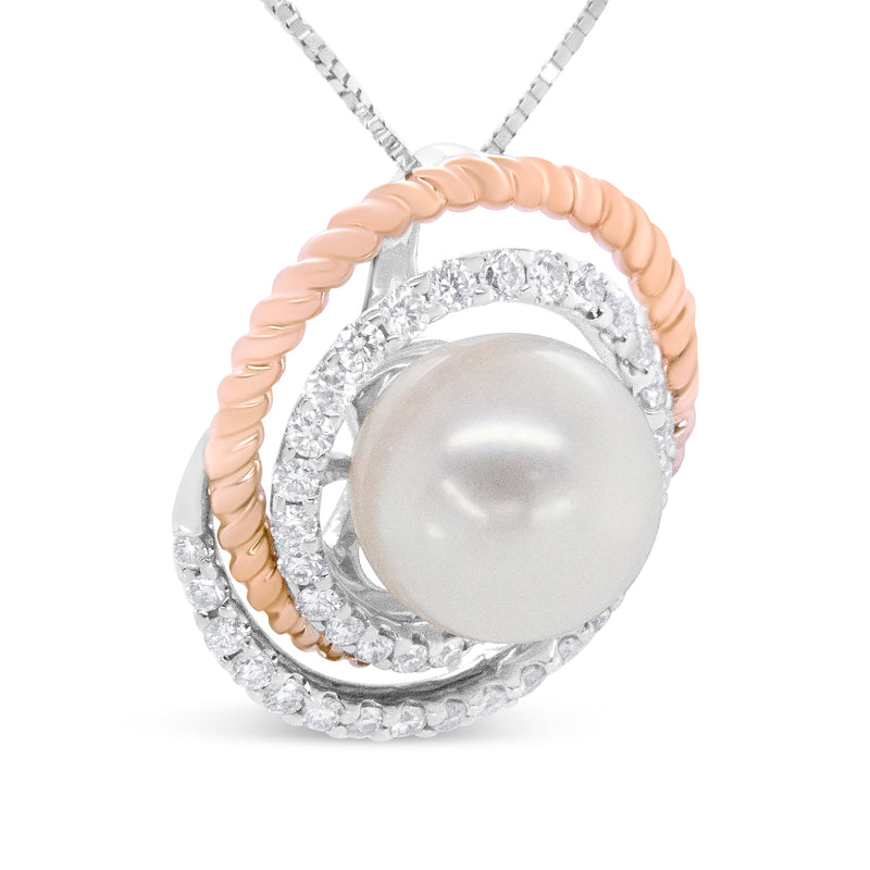 Bids.com 14K Rose and White Gold 3/8 Cttw Pave Diamond and 9mm Round Pearl Spiral Openwork 18" Pendant Necklace- (H-I Color, VS1-VS2 Clarity) Necklaces
