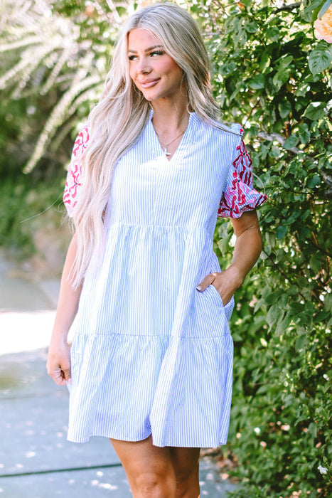 Stripe Contrast Floral Puff Sleeve Tiered Ruffle Dress