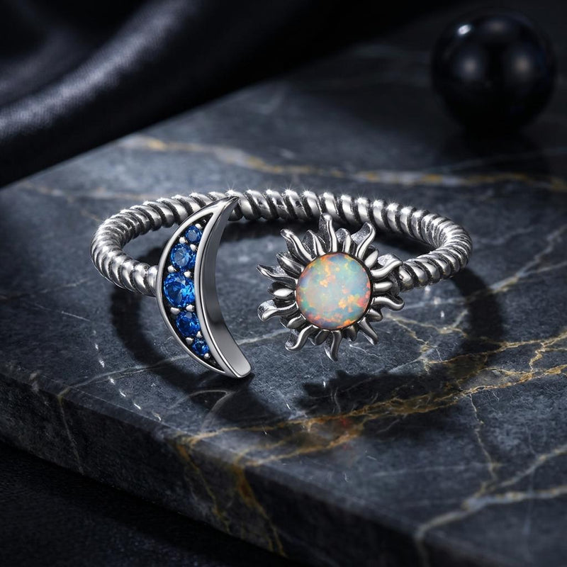 Bids.com 925 Sterling Silver Oxidized Silver Pavé Setting CZ Translucent Opal Ring Rings