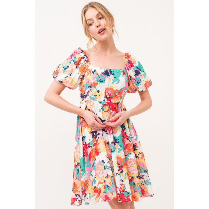 Square Neck Puff Sleeve Floral Dress