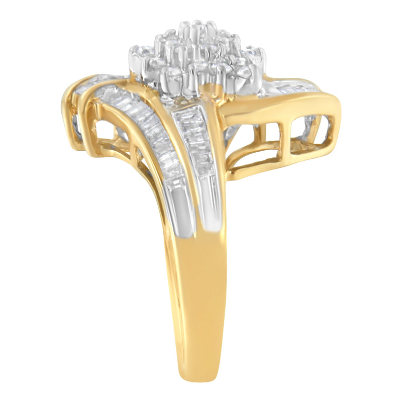 Bids.com 10K Yellow Gold Round and Baguette-Cut Diamond Bypass Cluster Ring (1.0 Cttw, I-J Color, I1-I2 Clarity) - Size 8 Rings