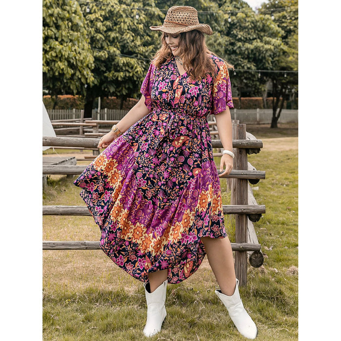 Plus Size Printed V-Neck Flutter Sleeve Midi Dress