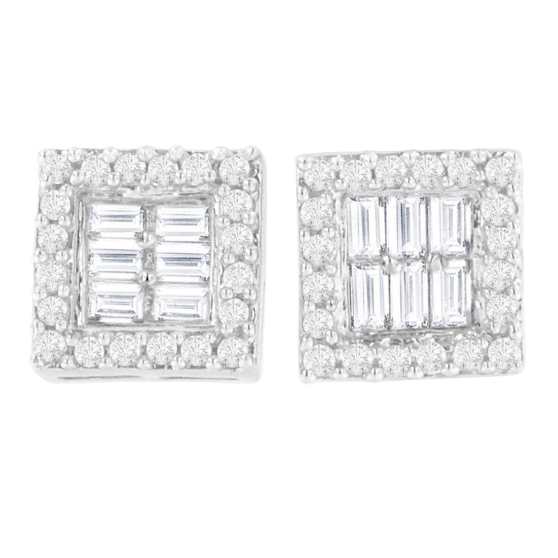 Bids.com 14K White Gold 1 cttw Round and Baguette Diamond Stud Earrings (H-I, SI1-SI2) Earrings