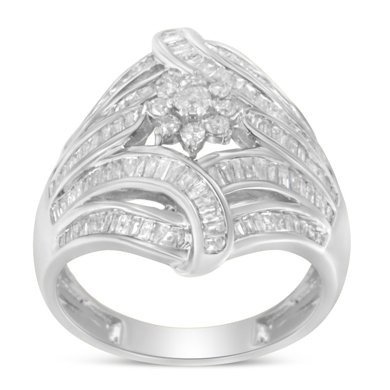Bids.com .925 Sterling Silver 1-1/8 Cttw Round & Baguette Diamond 'Flower & Fern' Cluster Cocktail Fashion Ring (I-J Color, I2-I3 Clarity) - Size 6 Rings