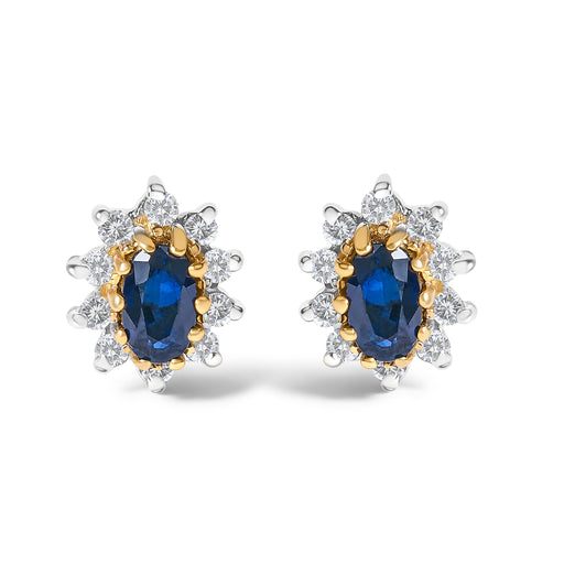 Bids.com 14K Yellow Gold 1/4 Cttw Diamond and Blue Sapphire Sunburst Halo Stud Earrings (K-L Color, I1-I2 Clarity) Earrings