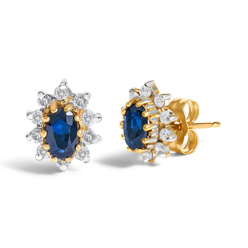 Bids.com 14K Yellow Gold 1/4 Cttw Diamond and Blue Sapphire Sunburst Halo Stud Earrings (K-L Color, I1-I2 Clarity) Earrings