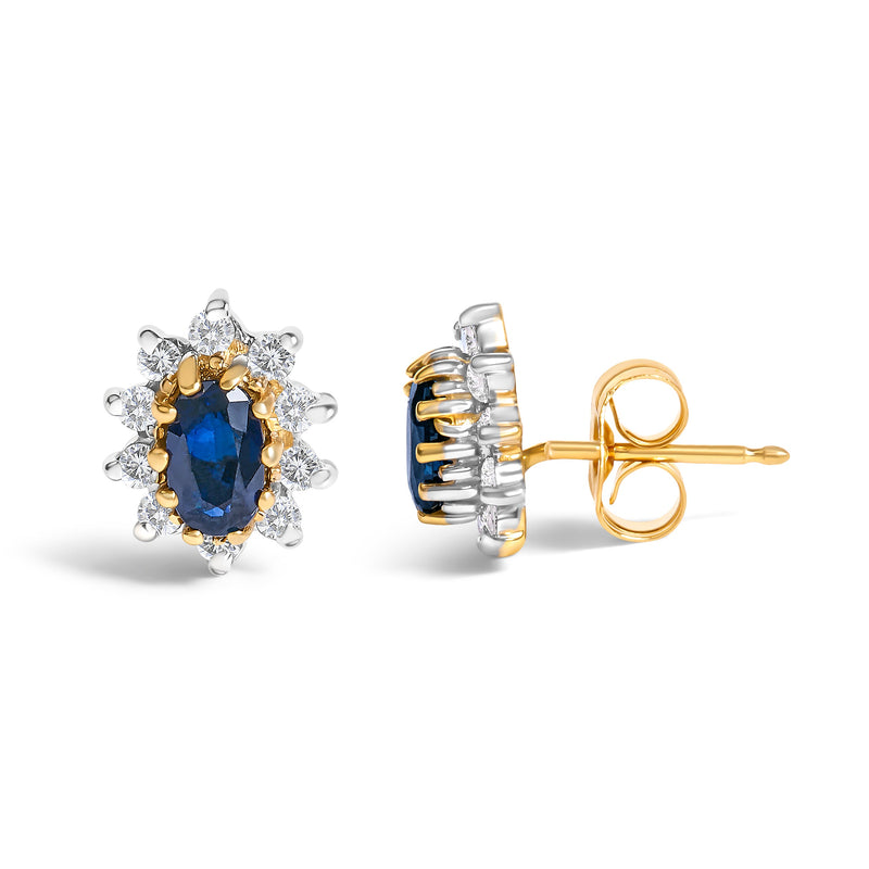 Bids.com 14K Yellow Gold 1/4 Cttw Diamond and Blue Sapphire Sunburst Halo Stud Earrings (K-L Color, I1-I2 Clarity) Earrings