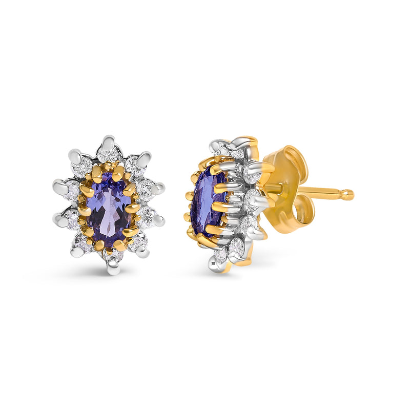 Bids.com 14K Yellow Gold 1/4 Cttw Diamond and Blue Purple Tanzanite Sunburst Halo Stud Earrings (K-L Color, I1-I2 Clarity) Earrings
