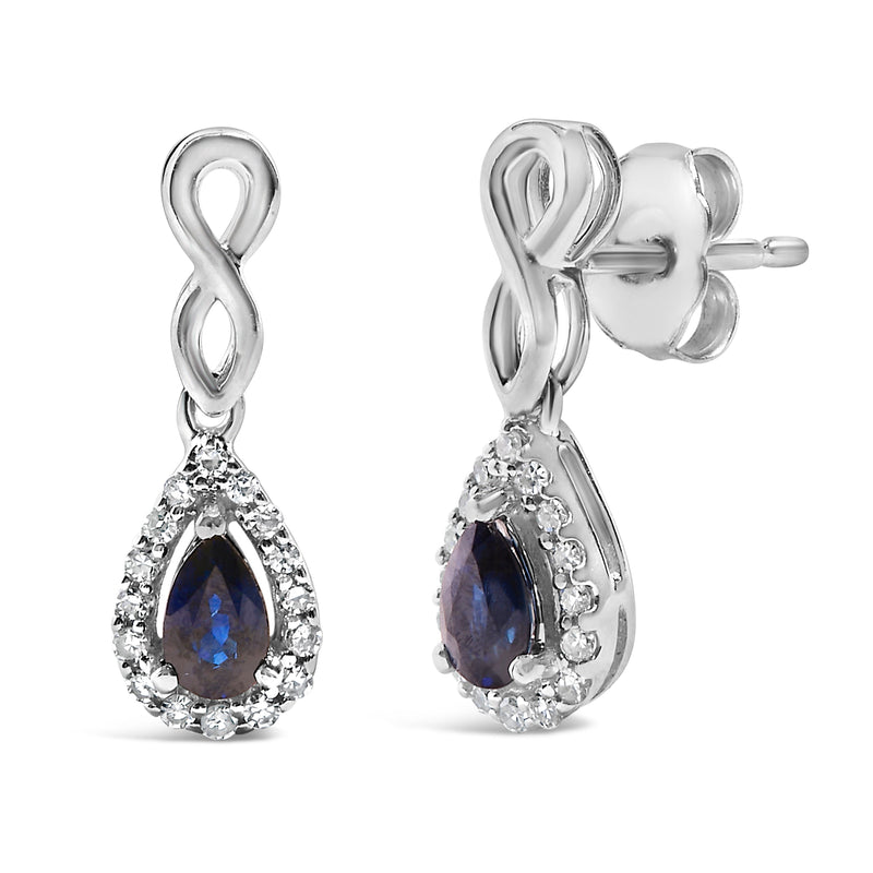 Bids.com 10K White Gold Pear Cut Blue Sapphire and 1/7 Cttw Diamond Infinity Drop and Dangle Earrings (I-J Color, I1-I2 Clarity) Earrings