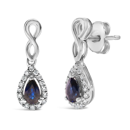 Bids.com 10K White Gold Pear Cut Blue Sapphire and 1/7 Cttw Diamond Infinity Drop and Dangle Earrings (I-J Color, I1-I2 Clarity) Earrings