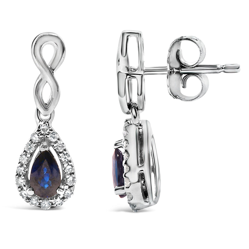 Bids.com 10K White Gold Pear Cut Blue Sapphire and 1/7 Cttw Diamond Infinity Drop and Dangle Earrings (I-J Color, I1-I2 Clarity) Earrings