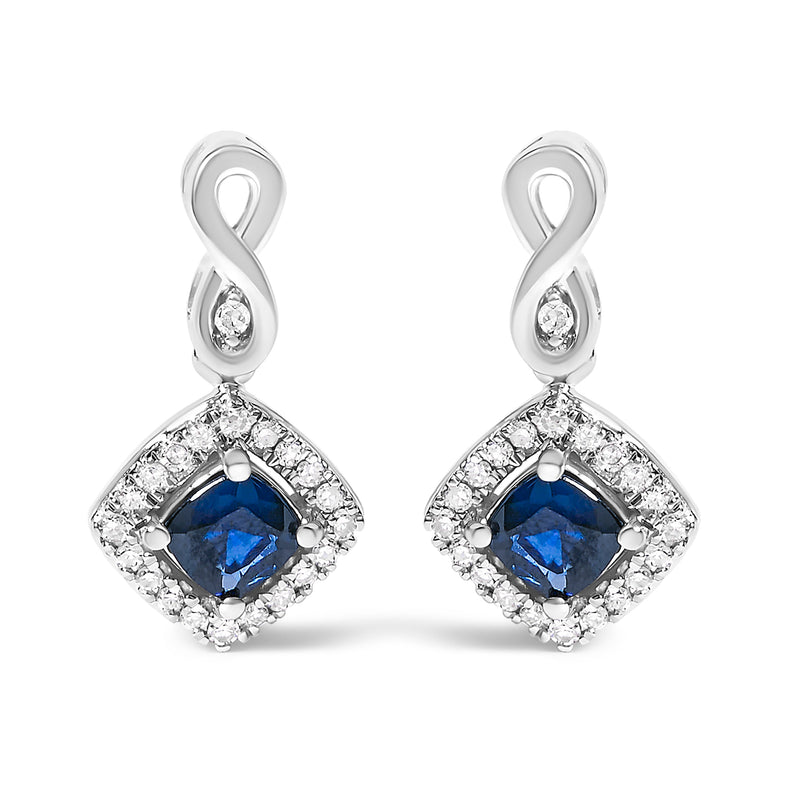 Bids.com 10K White Gold Blue  Sapphire and Diamond Halo Cushion Shaped Drop Earrings (I-J Color, I1-I2 Clarity) Earrings