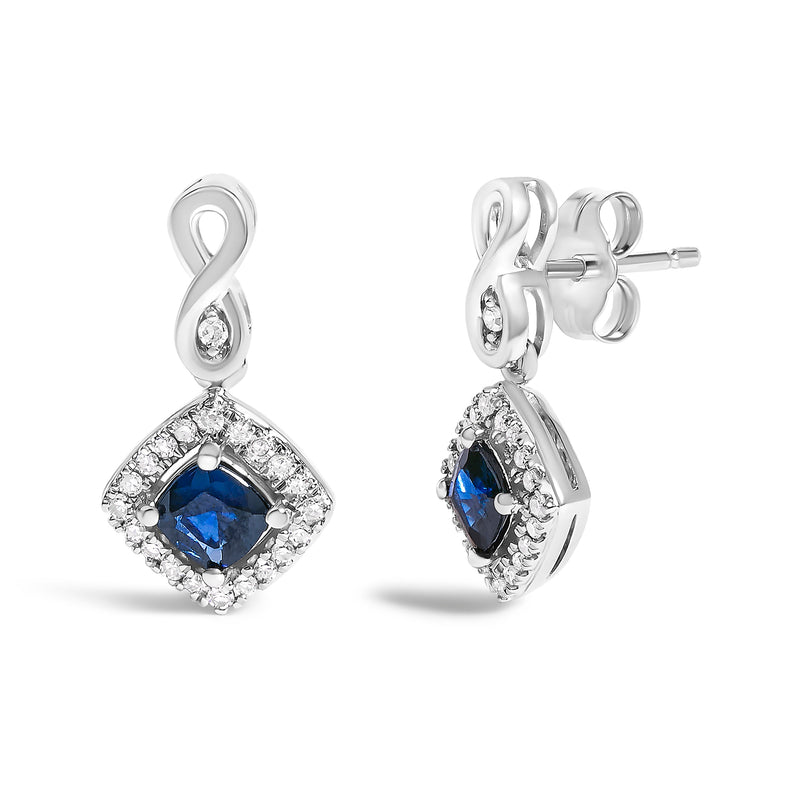 Bids.com 10K White Gold Blue  Sapphire and Diamond Halo Cushion Shaped Drop Earrings (I-J Color, I1-I2 Clarity) Earrings