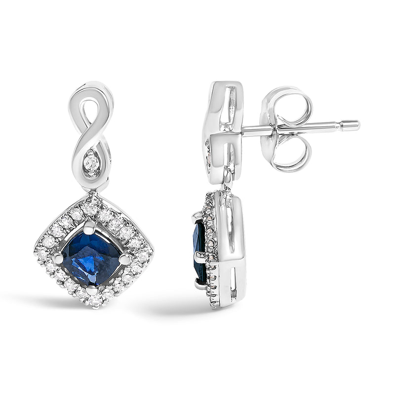 Bids.com 10K White Gold Blue  Sapphire and Diamond Halo Cushion Shaped Drop Earrings (I-J Color, I1-I2 Clarity) Earrings