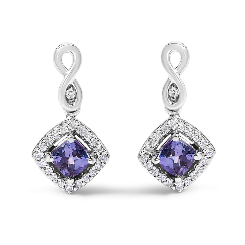 Bids.com 10K White Gold Blue Purple Tanzanite and Diamond Halo Cushion Shaped Drop Earrings (I-J Color, I1-I2 Clarity) Earrings