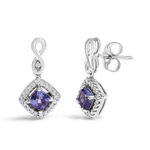 Bids.com 10K White Gold Blue Purple Tanzanite and Diamond Halo Cushion Shaped Drop Earrings (I-J Color, I1-I2 Clarity) Earrings