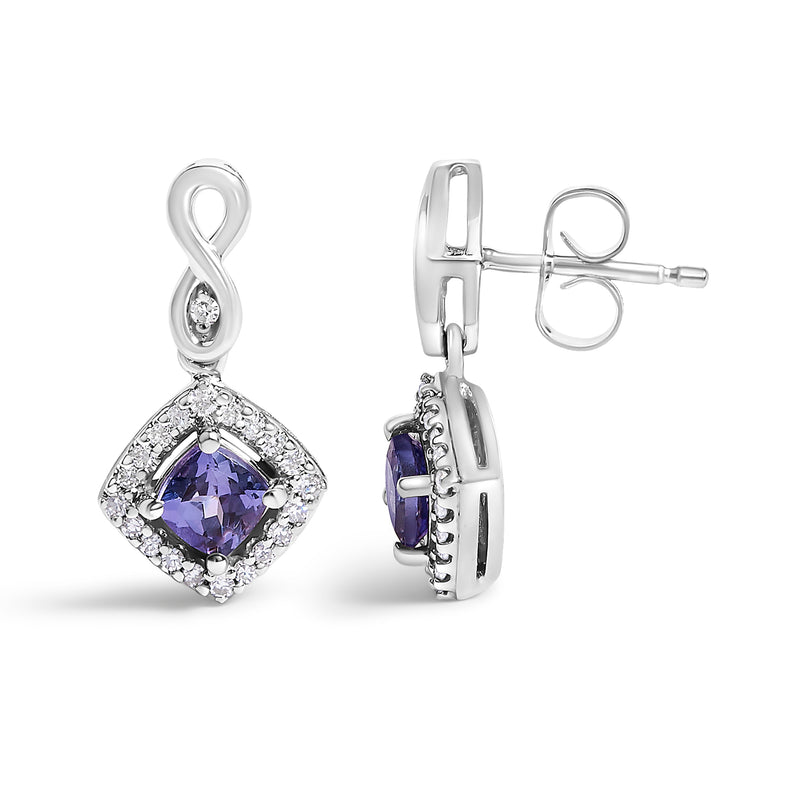 Bids.com 10K White Gold Blue Purple Tanzanite and Diamond Halo Cushion Shaped Drop Earrings (I-J Color, I1-I2 Clarity) Earrings