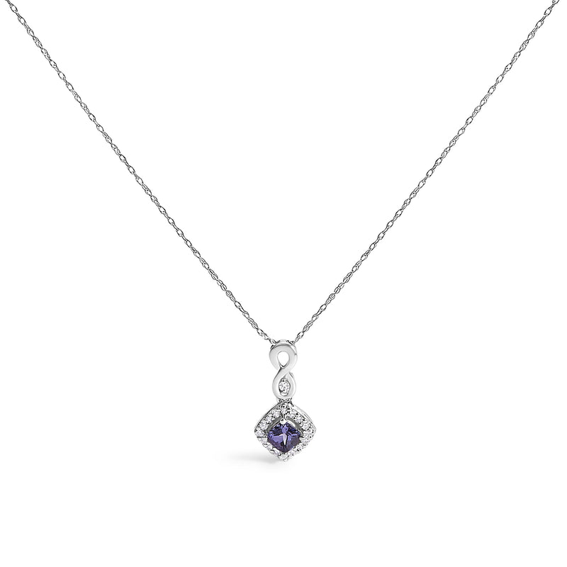 Bids.com 10K White Gold Blue Purple Tanzanite and Diamond Accent Cushion Drop Pendant Necklace - 18" Inches Necklaces
