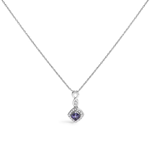 Bids.com 10K White Gold Blue Purple Tanzanite and Diamond Accent Cushion Drop Pendant Necklace - 18" Inches Necklaces