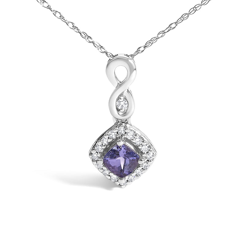 Bids.com 10K White Gold Blue Purple Tanzanite and Diamond Accent Cushion Drop Pendant Necklace - 18" Inches Necklaces