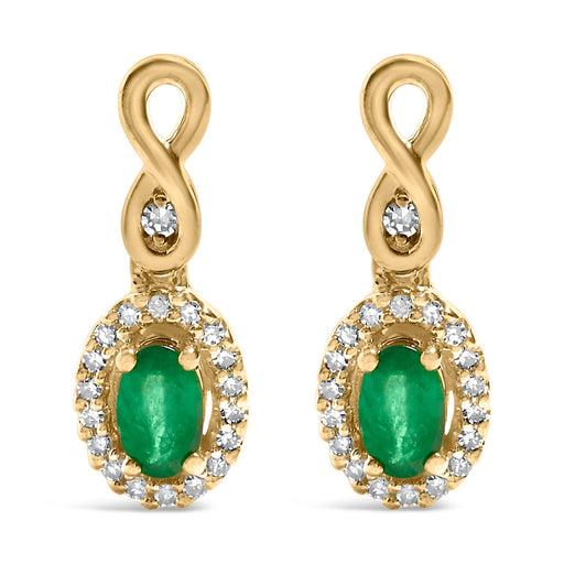 Bids.com 10K Yellow Gold Oval Cut Green Emerald 5x3 mm and 1/7 Cttw Round Diamond Dangle Earrings Earrings