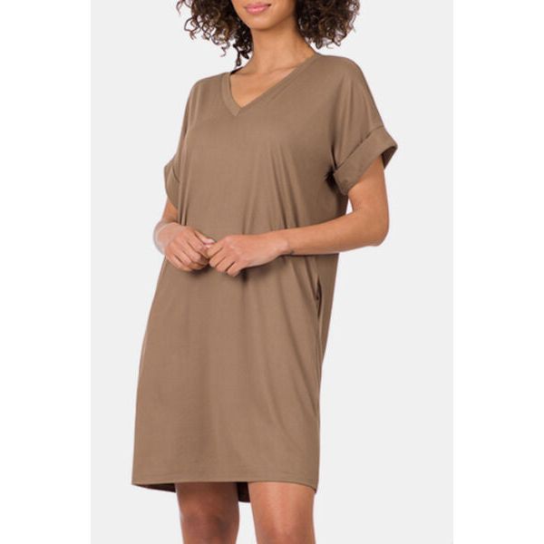 Zenana Rolled Short Sleeve V-Neck Dress