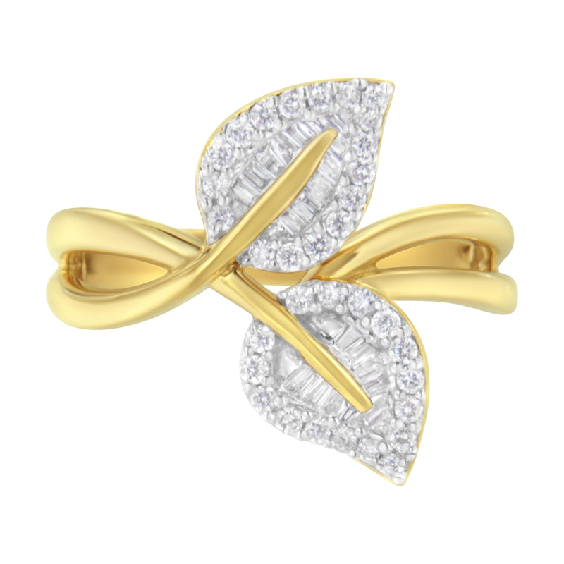 Bids.com 10K Yellow Gold 3/8 Cttw Round and Baguette-Cut Diamond Leaf Cocktail Ring - Size 7 (I-J Color, I1-I2 Clarity) Rings