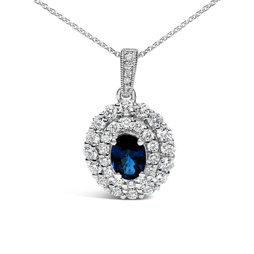 Bids.com 14K White Gold Oval Blue Sapphire and 3/4 Cttw Diamond Halo Pendant Necklace Necklaces