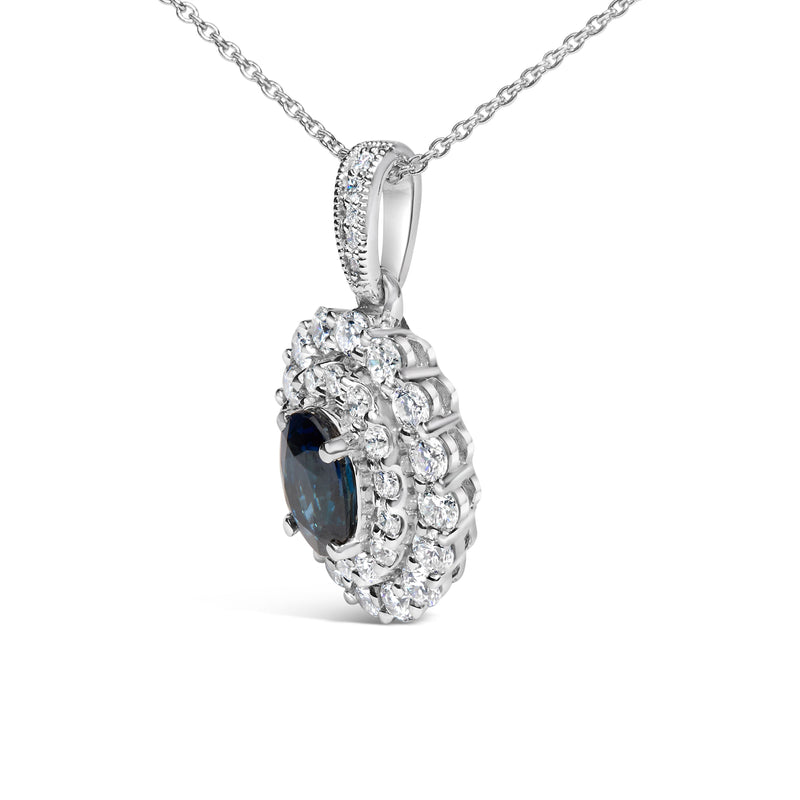 Bids.com 14K White Gold Oval Blue Sapphire and 3/4 Cttw Diamond Halo Pendant Necklace Necklaces