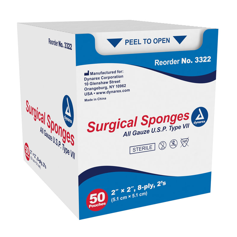 Dynarex Dynarex Sterile Gauze Sponges - 2" x 2", 8-Ply, 100 Count Box (Ref 3322) Medical Supplies Lavender
