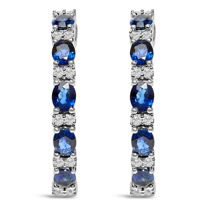 Bids.com 14K White Gold 4x3mm Oval Blue Sapphire and 1/4 Cttw Diamond Alternating Hoop Earring (I-J Color, SI2-I1 Clarity) Earrings