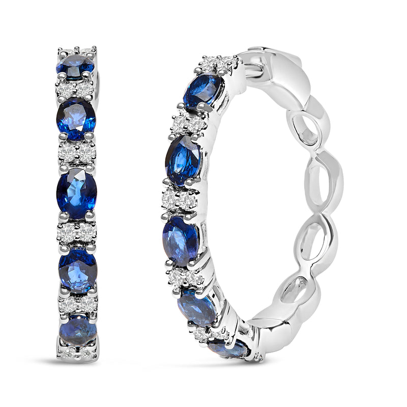 Bids.com 14K White Gold 4x3mm Oval Blue Sapphire and 1/4 Cttw Diamond Alternating Hoop Earring (I-J Color, SI2-I1 Clarity) Earrings