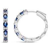 Bids.com 14K White Gold 4x3mm Oval Blue Sapphire and 1/4 Cttw Diamond Alternating Hoop Earring (I-J Color, SI2-I1 Clarity) Earrings