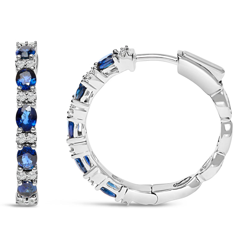 Bids.com 14K White Gold 4x3mm Oval Blue Sapphire and 1/4 Cttw Diamond Alternating Hoop Earring (I-J Color, SI2-I1 Clarity) Earrings