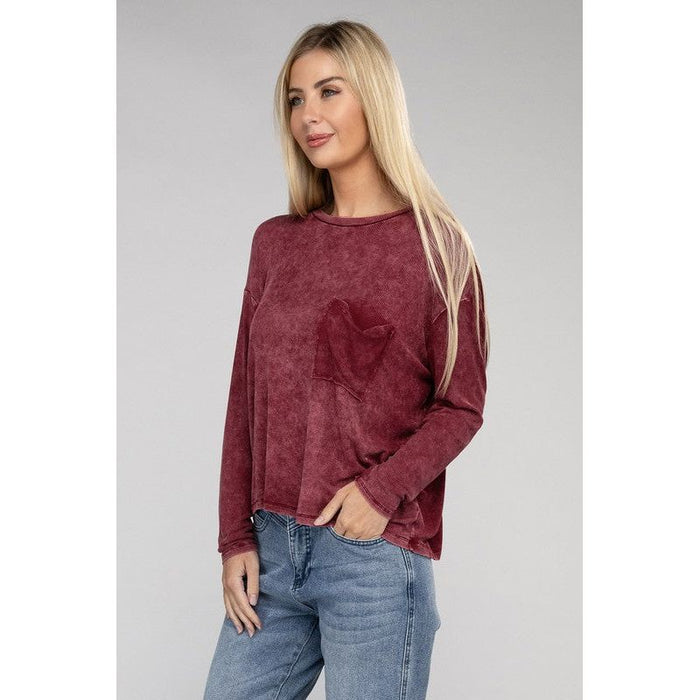 Washed Ribbed Dolman Sleeve Round Neck Top